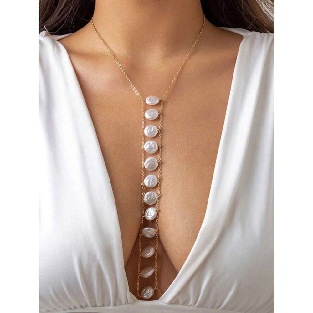 Free People Gold Lariat Necklace with White Mother-of-Pearl Discs